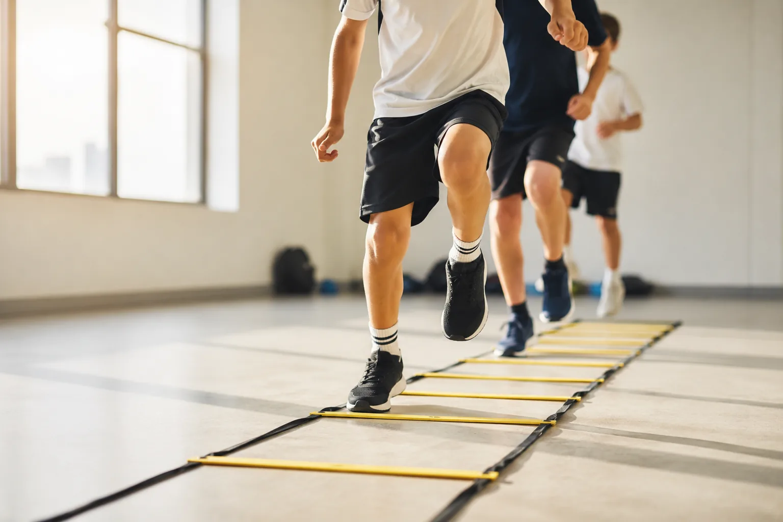 ラダーを使った俊敏性トレーニングに取り組む様子